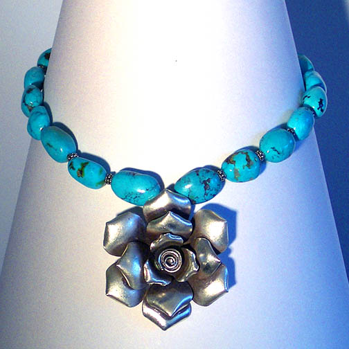 Bali Silver Rose Necklace w/ Turquoise & Bali Beads
